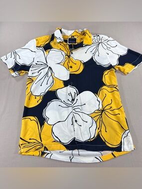 Denim & Flower Ricky Singh Men’s M Navy Yellow Floral Button Down Short Sleeve